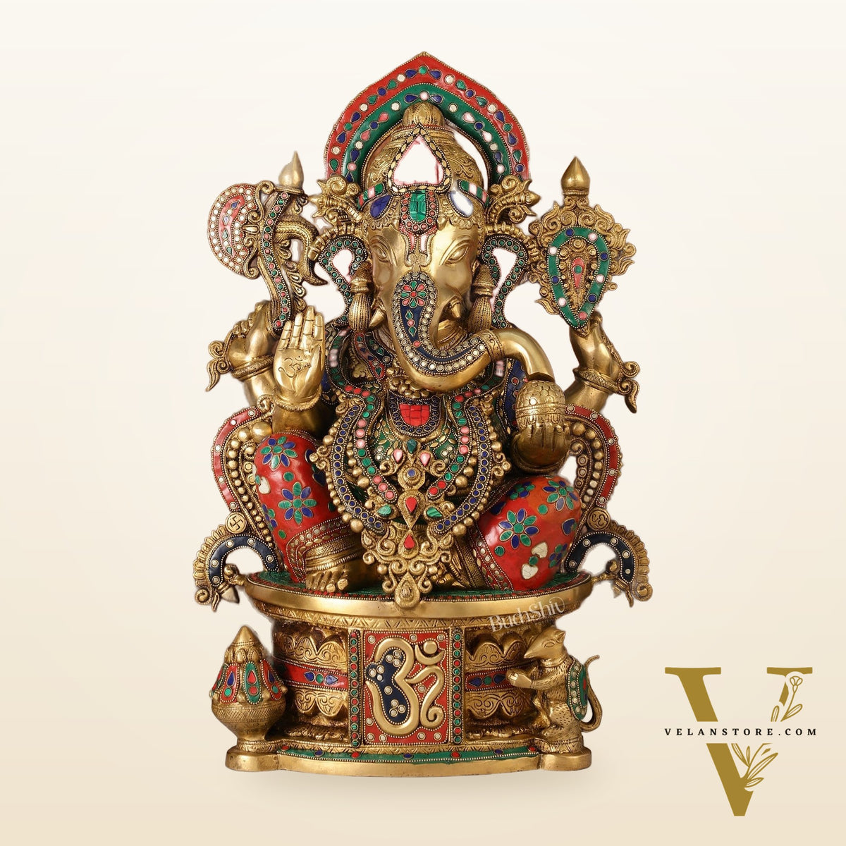 Superfine Handcrafted Brass Ganesha Statue with Rings and Stonework 23 inches