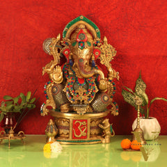 Superfine Handcrafted Brass Ganesha Statue with Rings and Stonework 23 inches