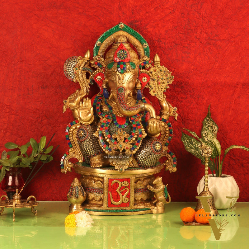 Superfine Handcrafted Brass Ganesha Statue with Rings and Stonework 23 inches