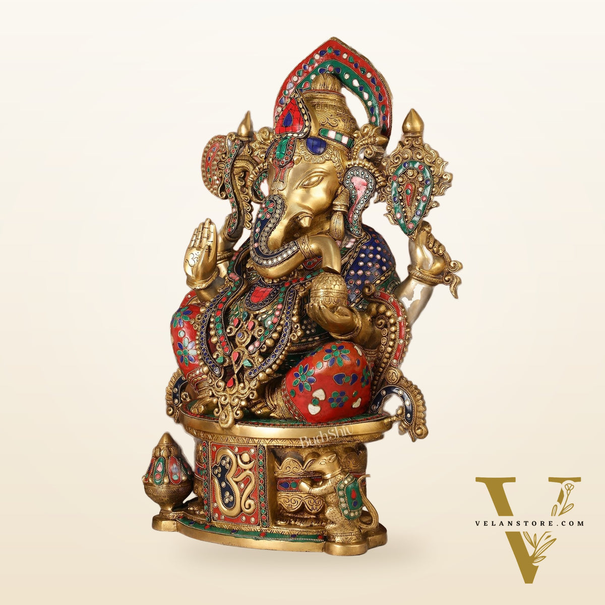 Superfine Handcrafted Brass Ganesha Statue with Rings and Stonework 23 inches