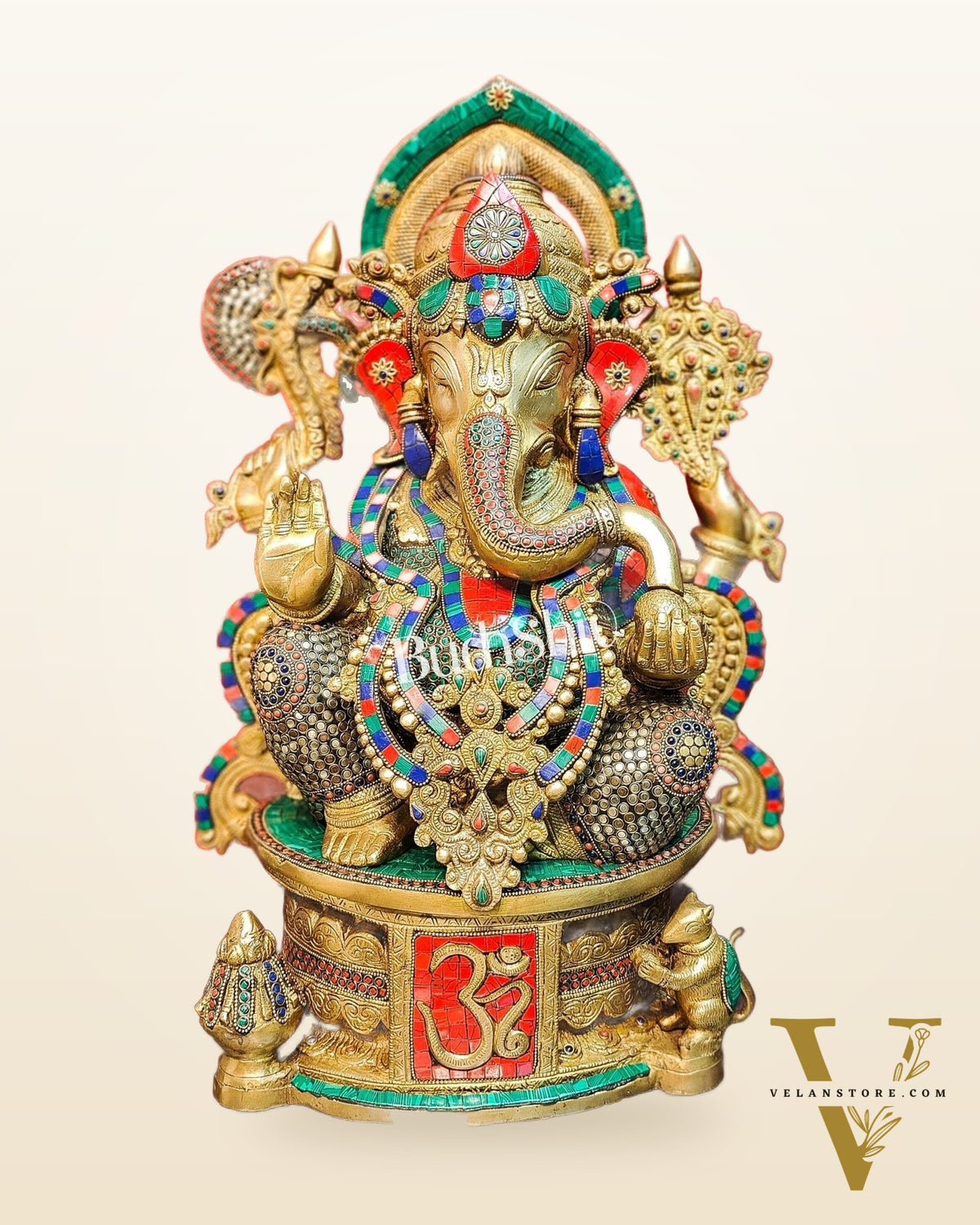 Superfine Handcrafted Brass Ganesha Statue with Rings and Stonework 23 inches