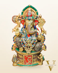 Superfine Handcrafted Brass Ganesha Statue with Rings and Stonework 23 inches