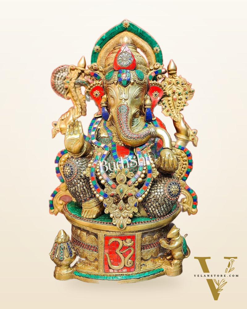 Superfine Handcrafted Brass Ganesha Statue with Rings and Stonework 23 inches