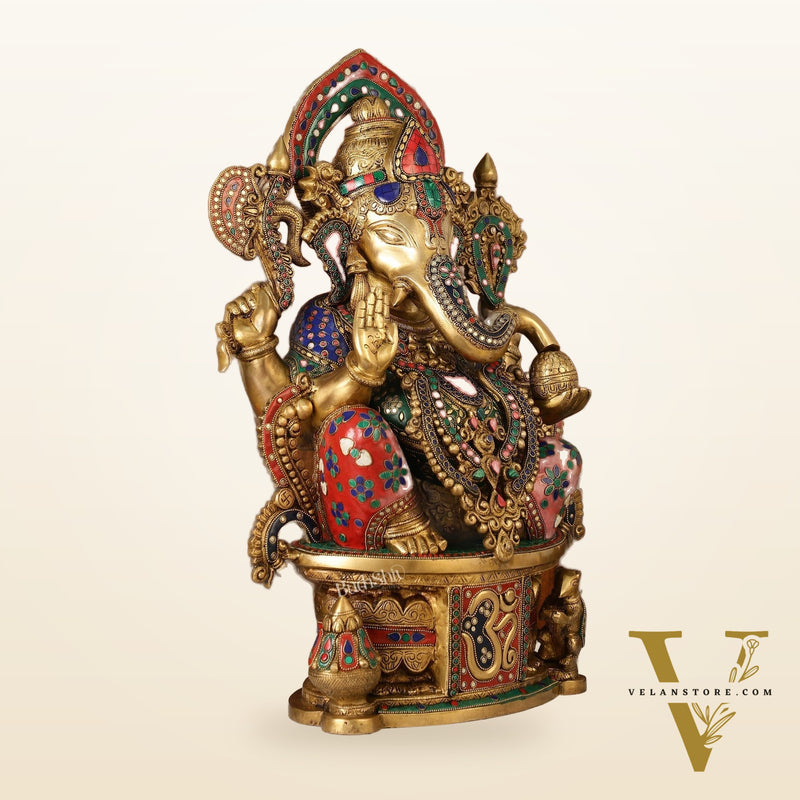 Superfine Handcrafted Brass Ganesha Statue with Rings and Stonework 23 inches
