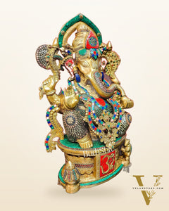 Superfine Handcrafted Brass Ganesha Statue with Rings and Stonework 23 inches