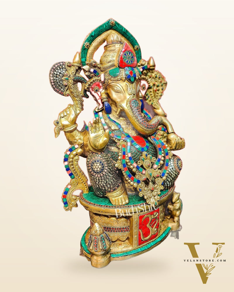 Superfine Handcrafted Brass Ganesha Statue with Rings and Stonework 23 inches