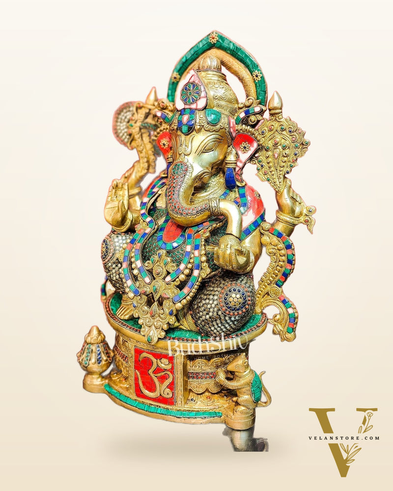 Superfine Handcrafted Brass Ganesha Statue with Rings and Stonework 23 inches