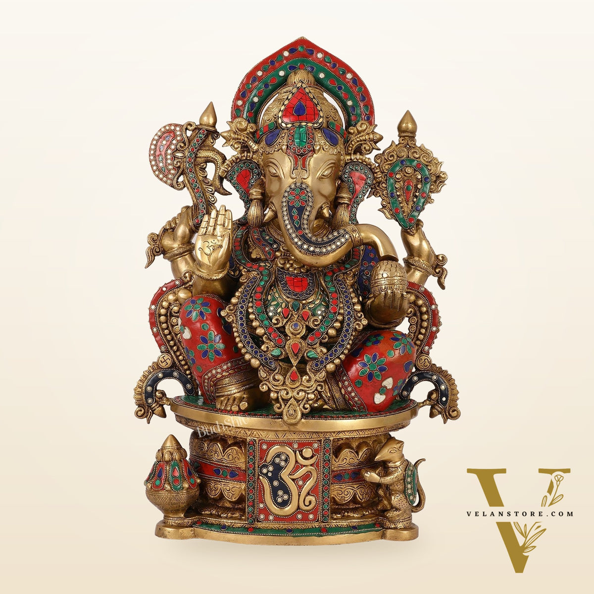 Superfine Handcrafted Brass Ganesha Statue with Rings and Stonework 23 inches