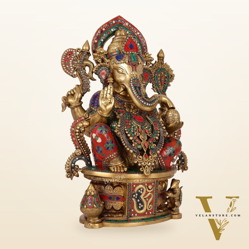 Superfine Handcrafted Brass Ganesha Statue with Rings and Stonework 23 inches