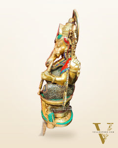 Superfine Handcrafted Brass Ganesha Statue with Rings and Stonework 23 inches