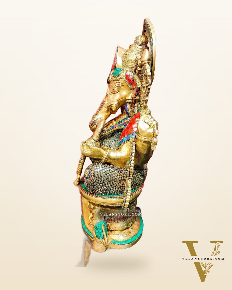 Superfine Handcrafted Brass Ganesha Statue with Rings and Stonework 23 inches