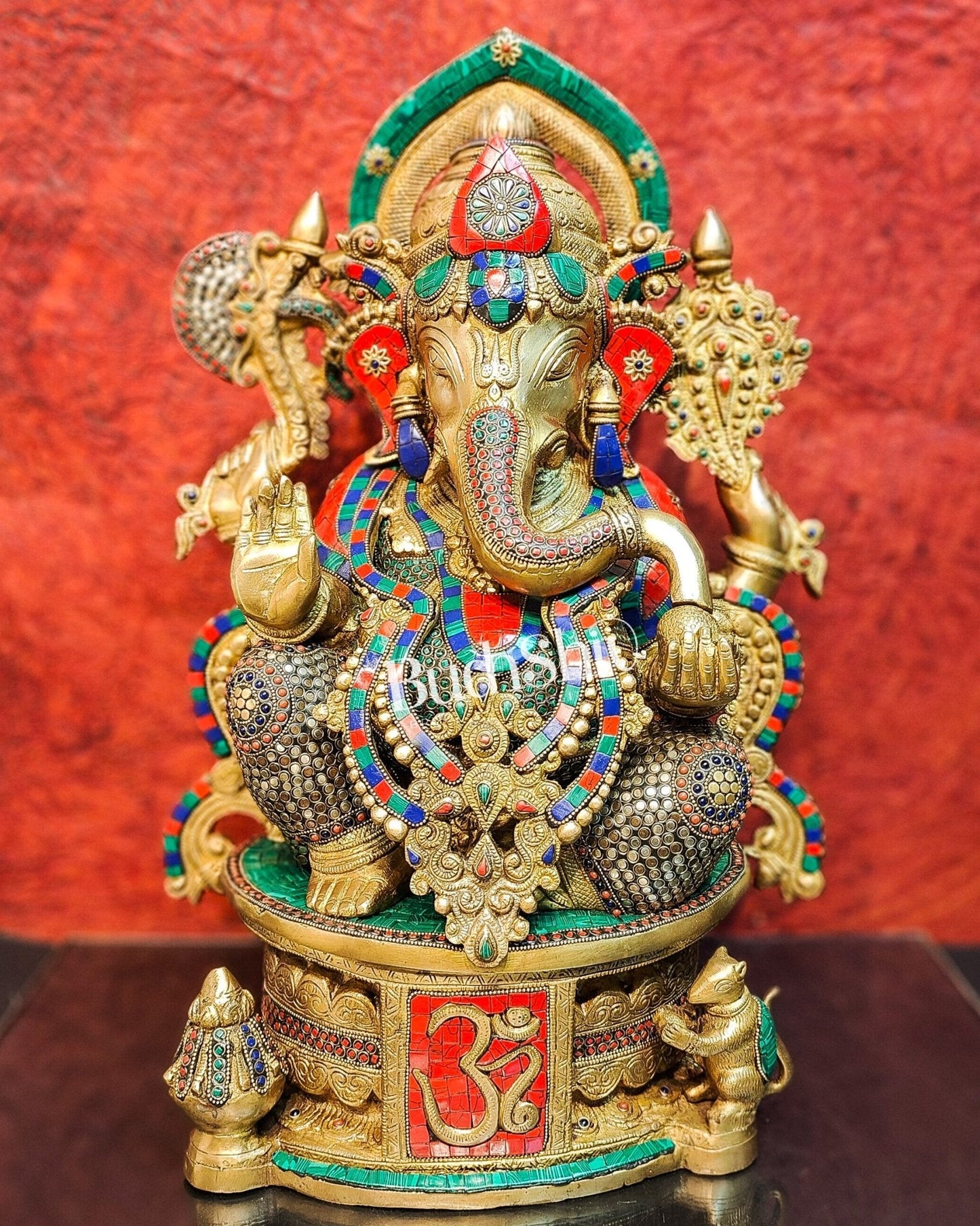 Superfine Handcrafted Brass Ganesha Statue with Rings and Stonework 23 inches