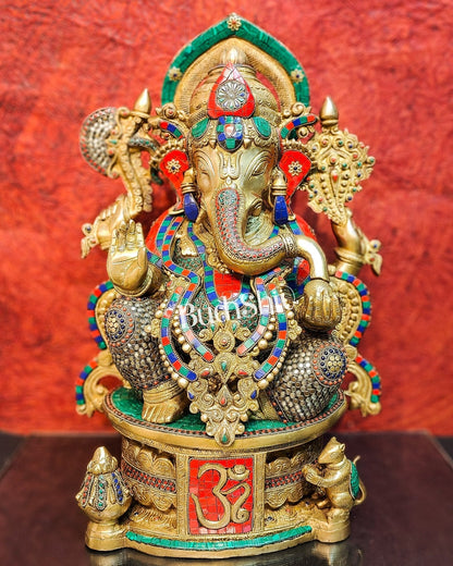 Superfine Handcrafted Brass Ganesha Statue with Rings and Stonework 23 inches
