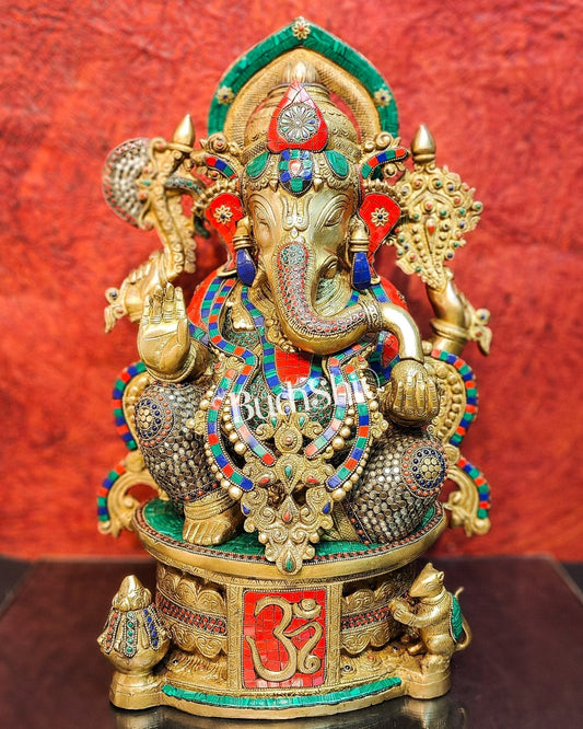 Superfine Handcrafted Brass Ganesha Statue with Rings and Stonework 23 inches