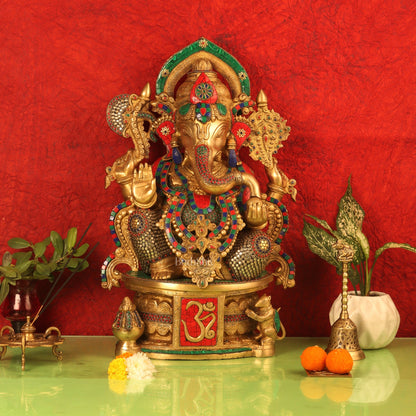 Superfine Handcrafted Brass Ganesha Statue with Rings and Stonework 23 inches