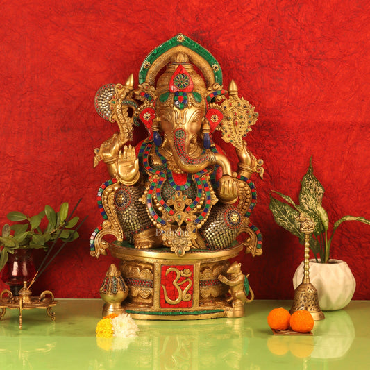 Superfine Handcrafted Brass Ganesha Statue with Rings and Stonework 23 inches