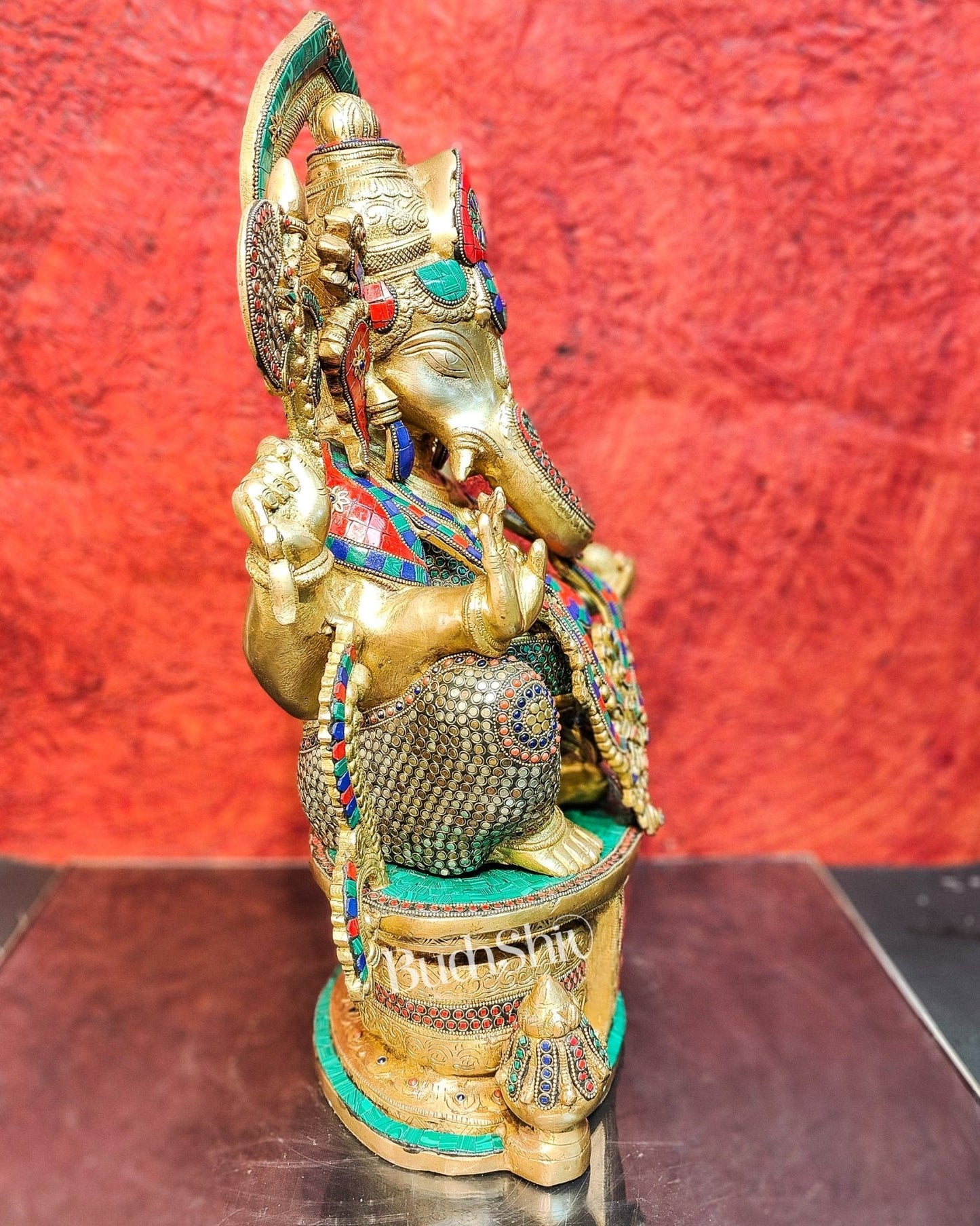 Superfine Handcrafted Brass Ganesha Statue with Rings and Stonework 23 inches