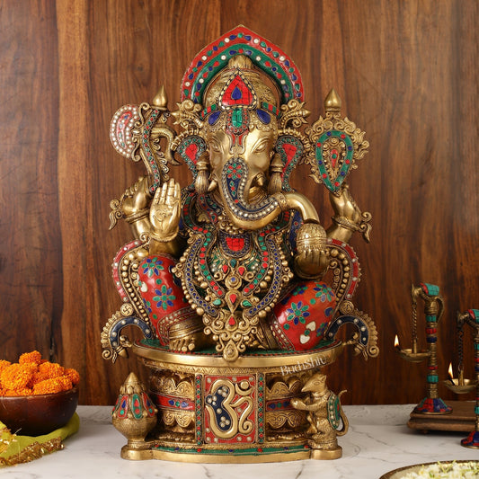 Superfine Handcrafted Brass Ganesha Statue with Rings and Stonework 23 inches