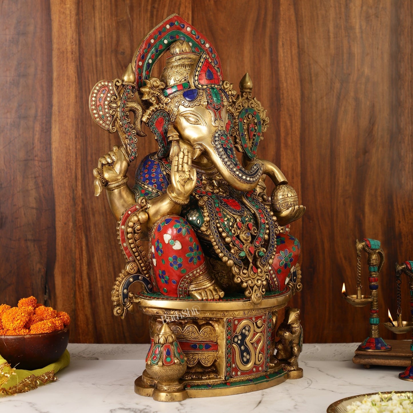 Superfine Handcrafted Brass Ganesha Statue with Rings and Stonework 23 inches