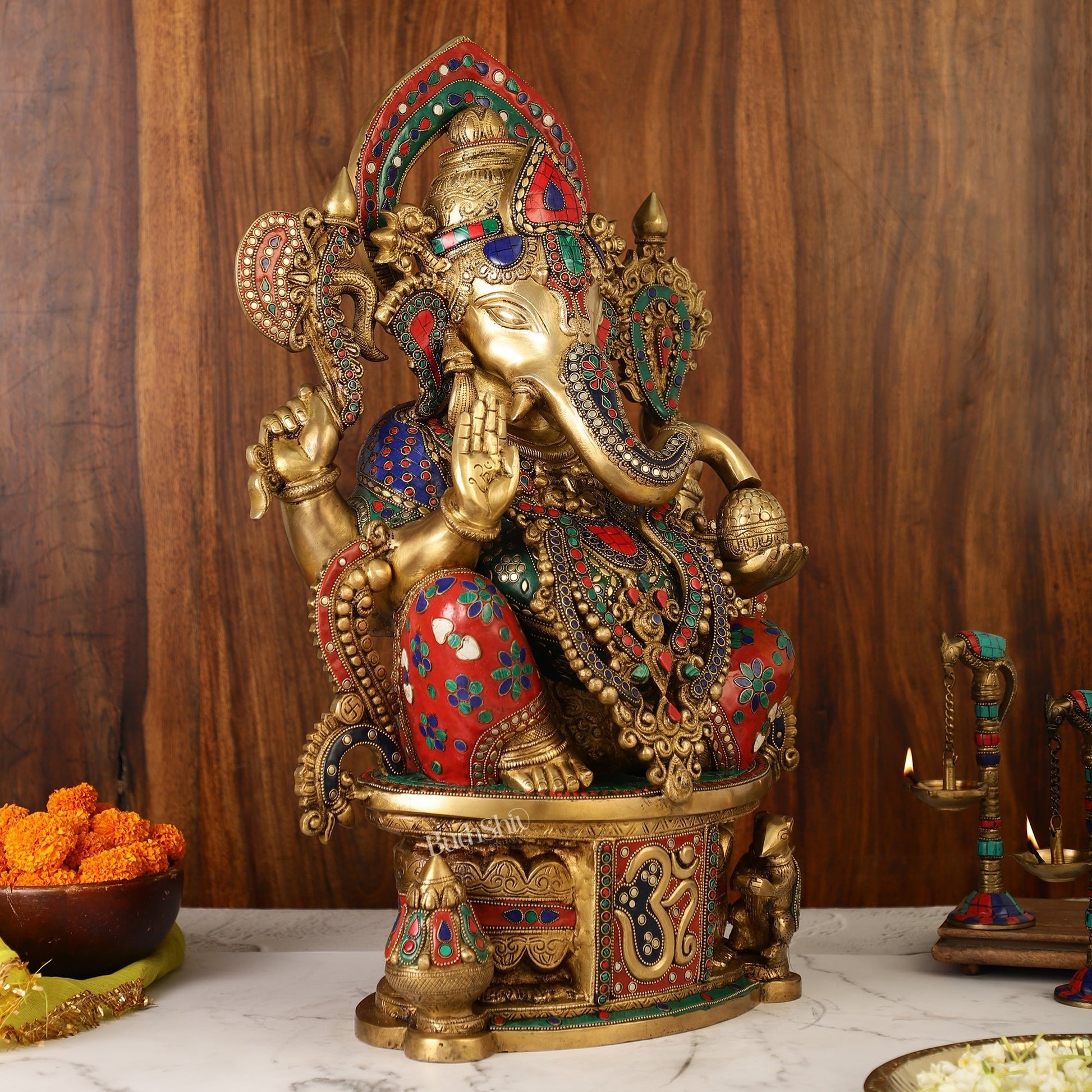 Superfine Handcrafted Brass Ganesha Statue with Rings and Stonework 23 inches