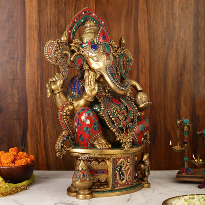 Superfine Handcrafted Brass Ganesha Statue with Rings and Stonework 23 inches