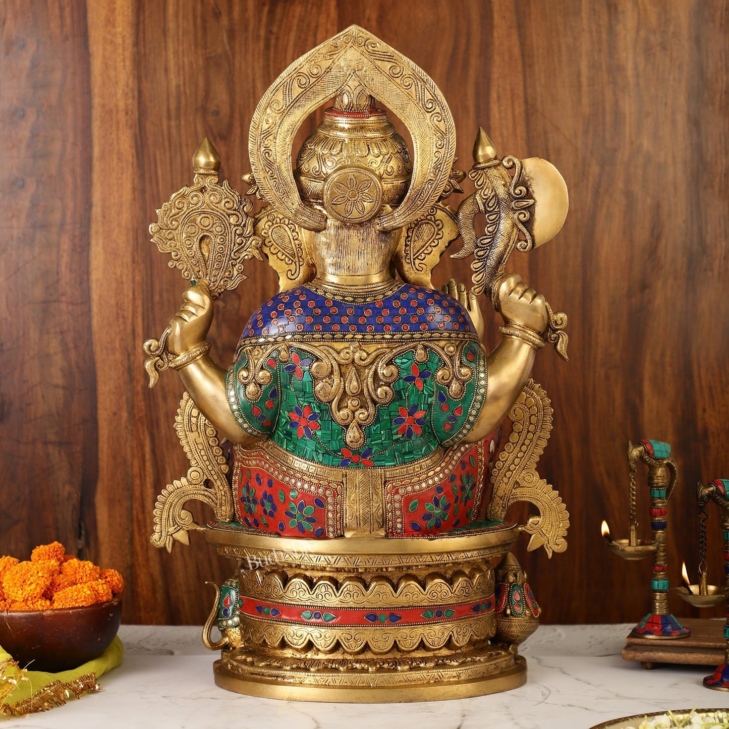 Superfine Handcrafted Brass Ganesha Statue with Rings and Stonework 23 inches