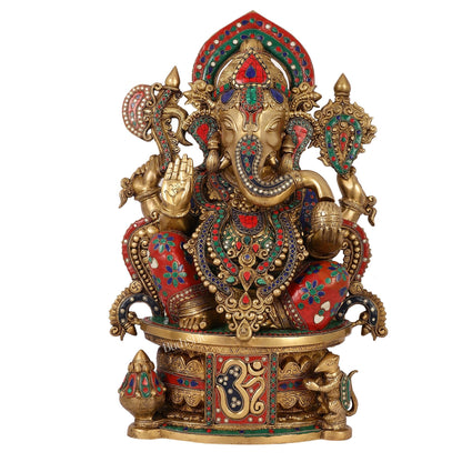 Superfine Handcrafted Brass Ganesha Statue with Rings and Stonework 23 inches