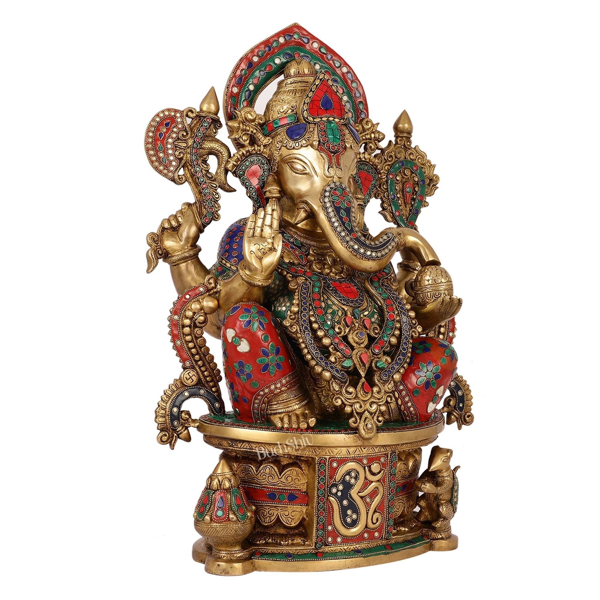 Superfine Handcrafted Brass Ganesha Statue with Rings and Stonework 23 inches