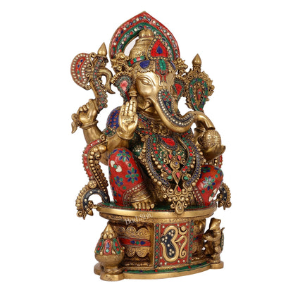 Superfine Handcrafted Brass Ganesha Statue with Rings and Stonework 23 inches