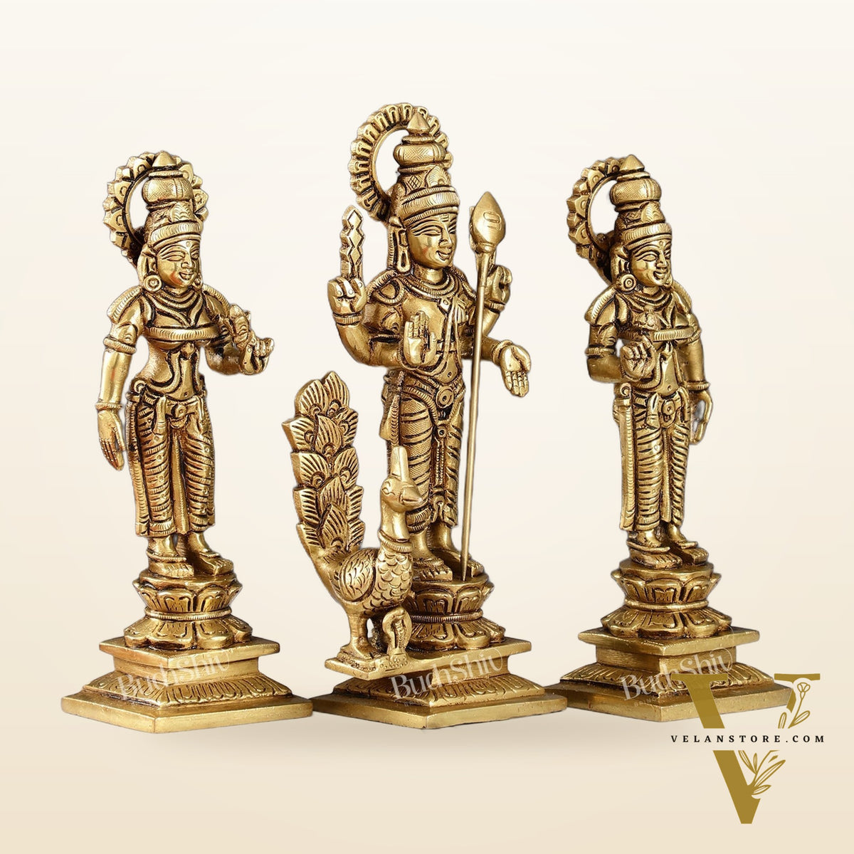 Superfine Handcrafted Brass Lord Murugan with Devasena and Valli Idols | 8" Height