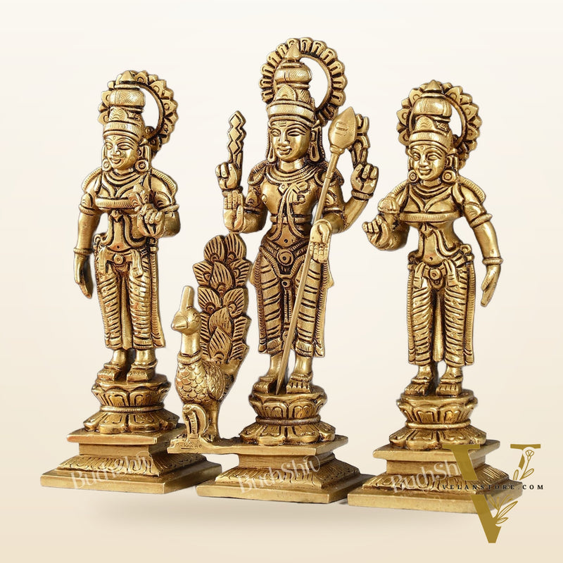 Superfine Handcrafted Brass Lord Murugan with Devasena and Valli Idols | 8" Height