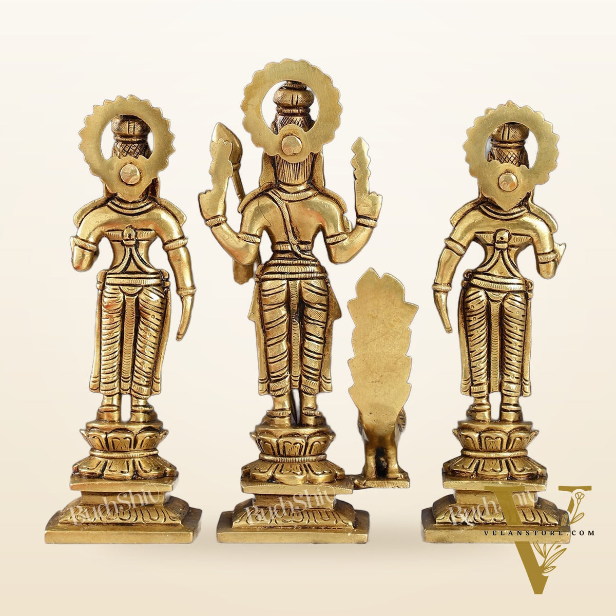 Superfine Handcrafted Brass Lord Murugan with Devasena and Valli Idols | 8" Height