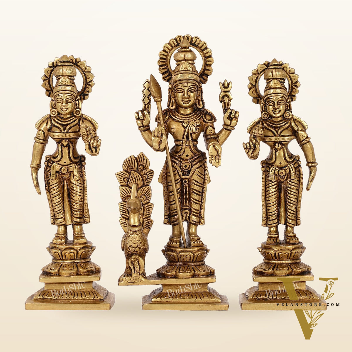 Superfine Handcrafted Brass Lord Murugan with Devasena and Valli Idols | 8" Height