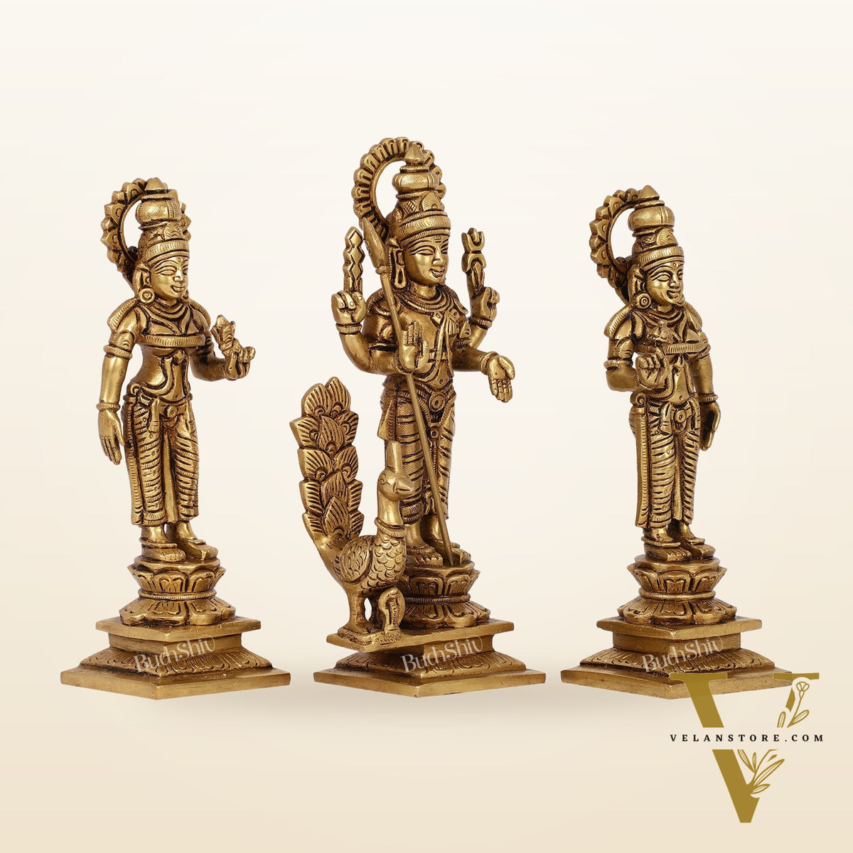 Superfine Handcrafted Brass Lord Murugan with Devasena and Valli Idols | 8" Height