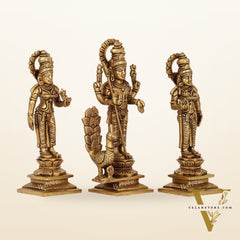 Superfine Handcrafted Brass Lord Murugan with Devasena and Valli Idols | 8" Height