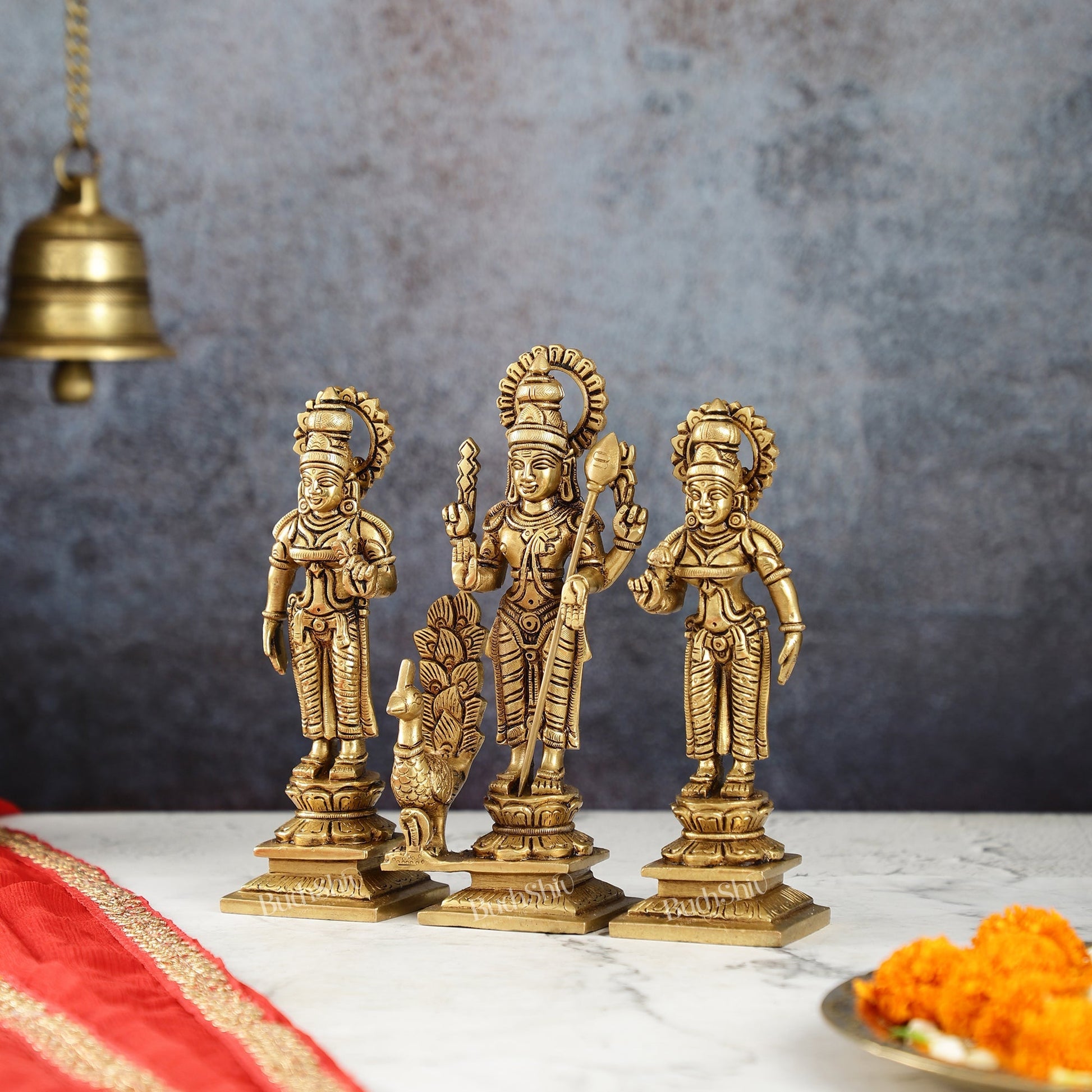 Superfine Handcrafted Brass Lord Murugan with Devasena and Valli Idols | 8" Height