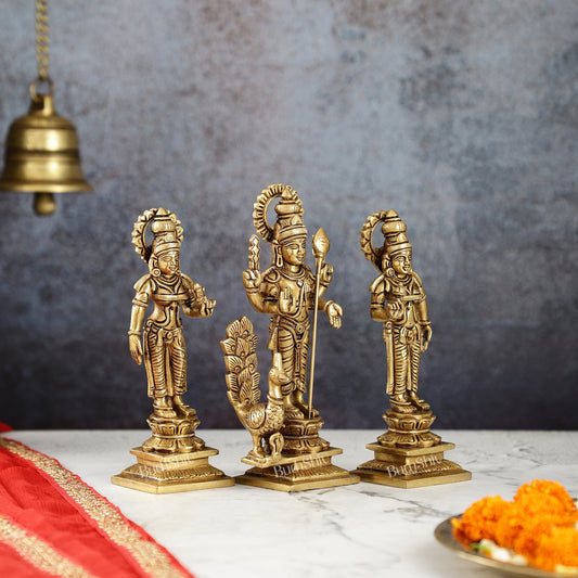 Superfine Handcrafted Brass Lord Murugan with Devasena and Valli Idols | 8" Height