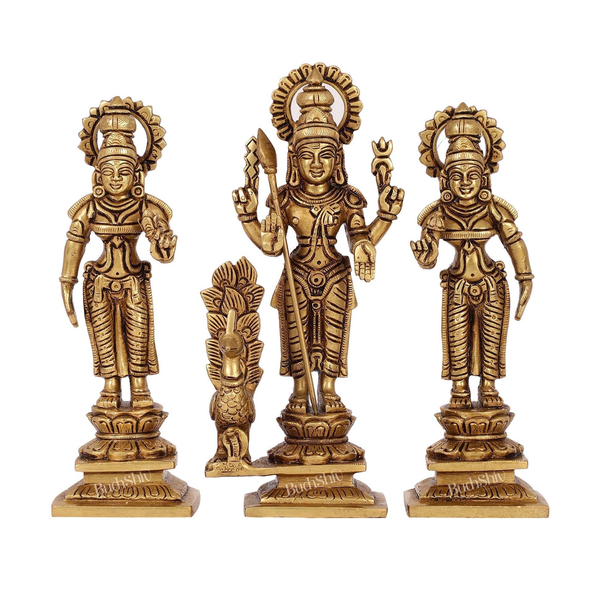 Superfine Handcrafted Brass Lord Murugan with Devasena and Valli Idols | 8" Height