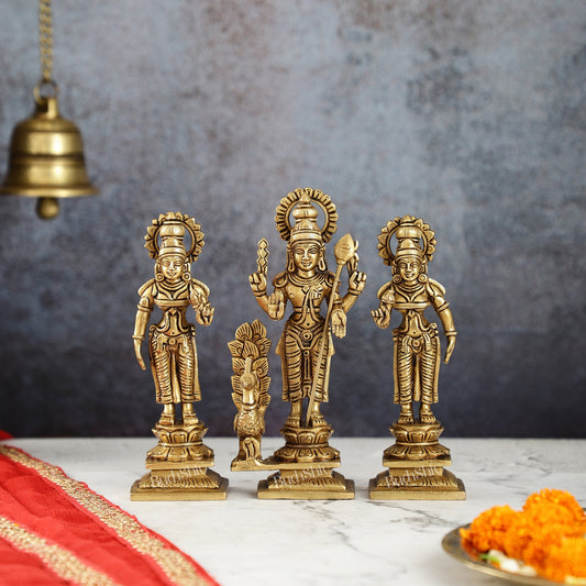 Superfine Handcrafted Brass Lord Murugan with Devasena and Valli Idols | 8" Height