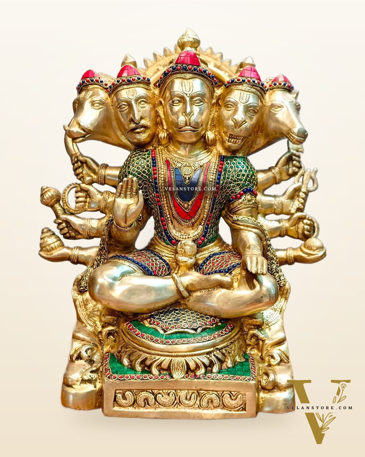 Superfine Handcrafted Brass Panchmukhi Hanuman Idol 17 inch with stonework