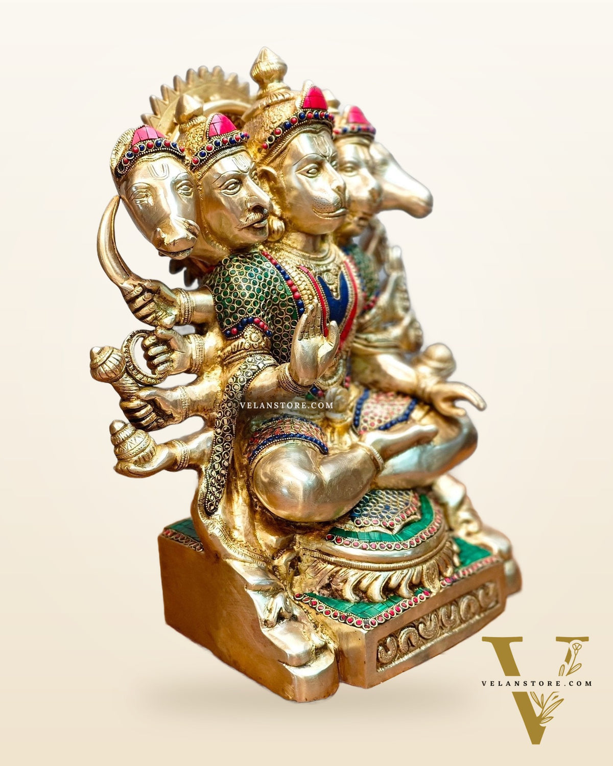 Superfine Handcrafted Brass Panchmukhi Hanuman Idol 17 inch with stonework