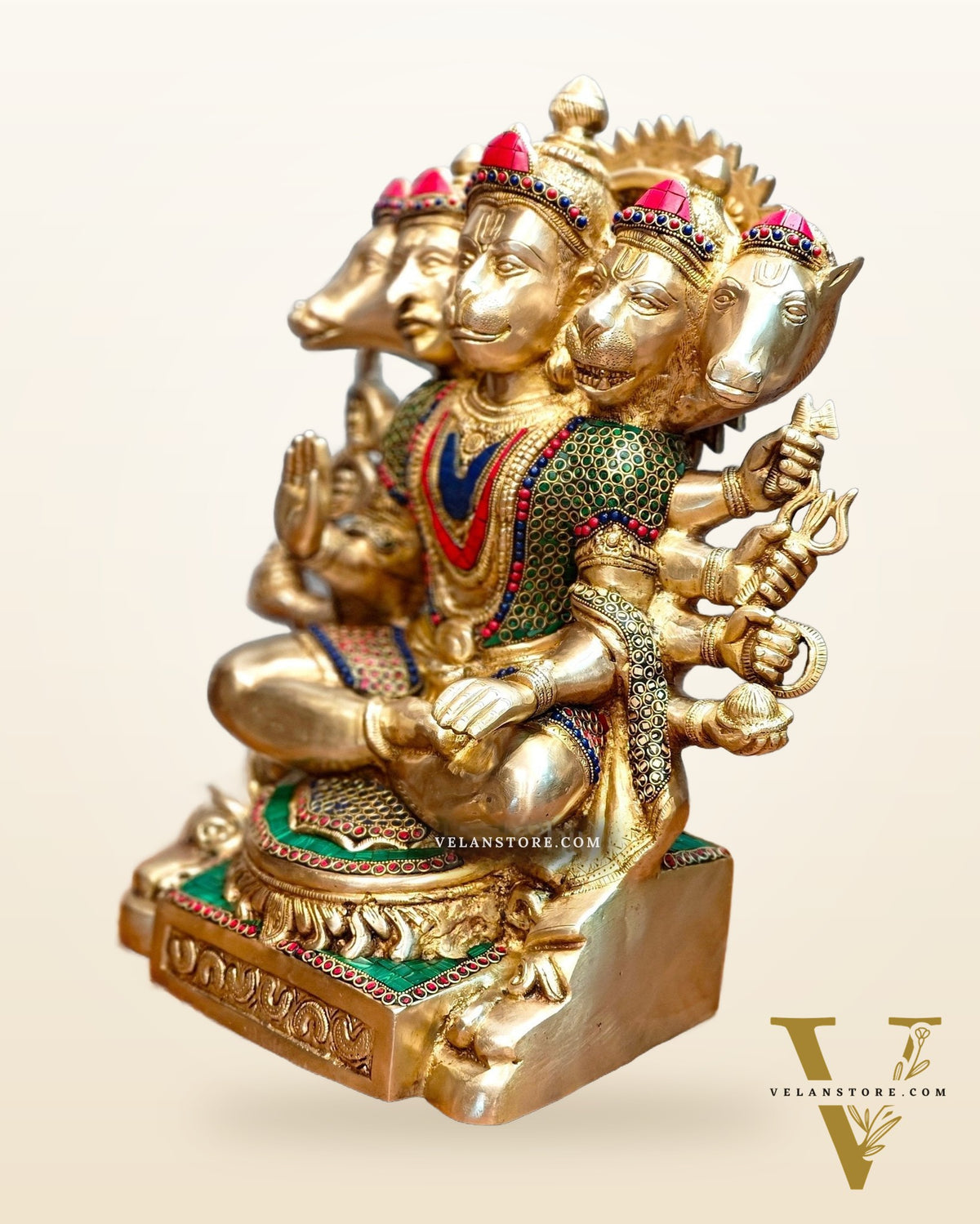 Superfine Handcrafted Brass Panchmukhi Hanuman Idol 17 inch with stonework