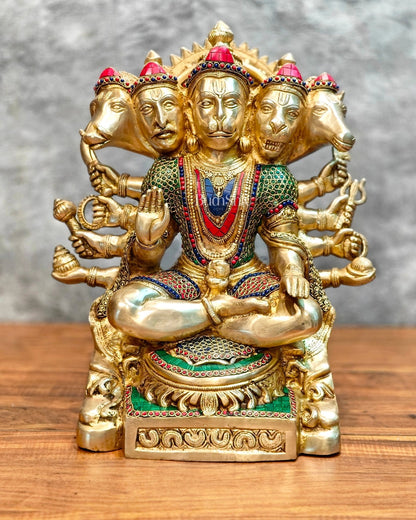 Superfine Handcrafted Brass Panchmukhi Hanuman Idol 17 inch with stonework