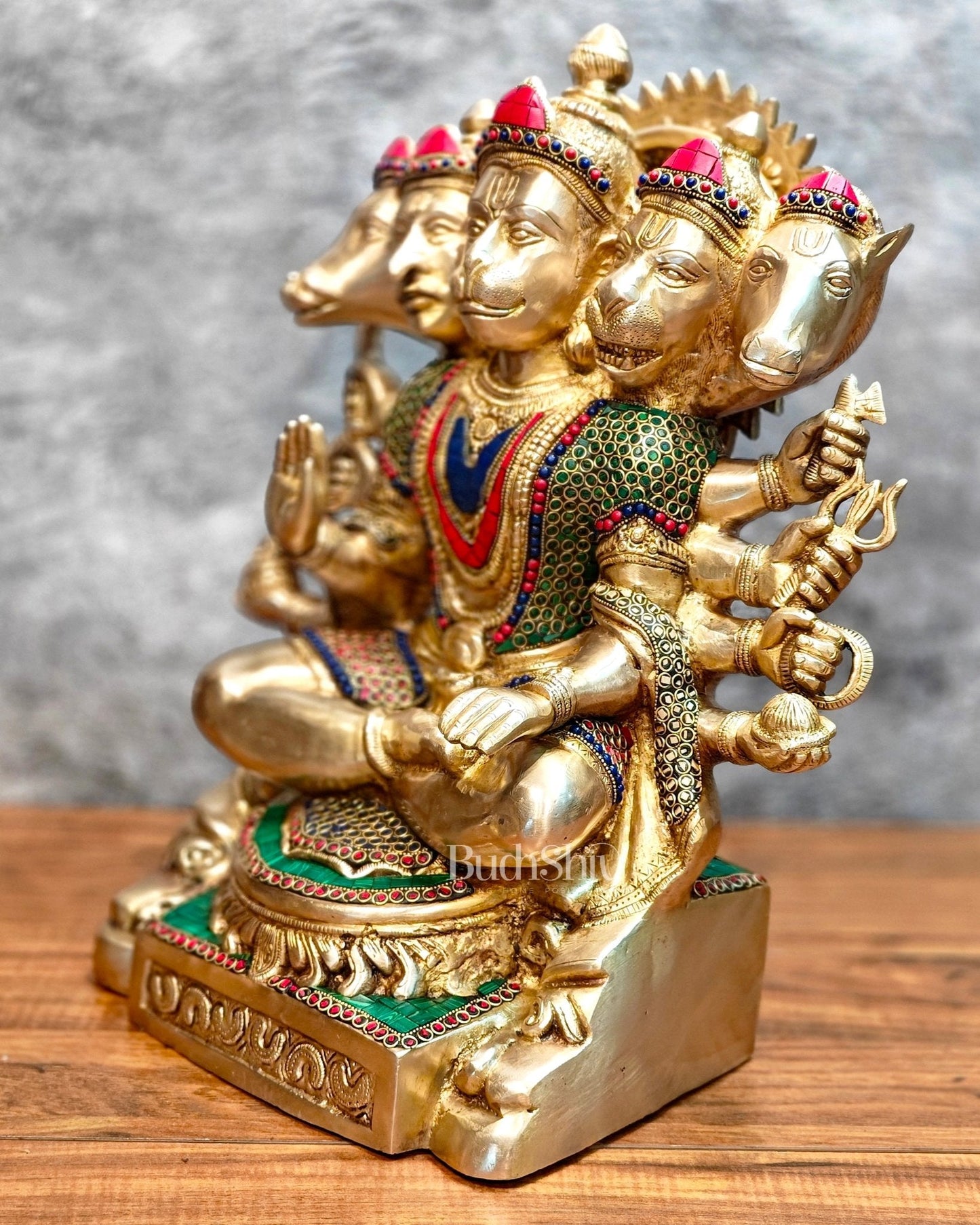 Superfine Handcrafted Brass Panchmukhi Hanuman Idol 17 inch with stonework