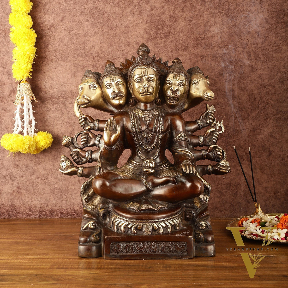 Superfine Handcrafted Brass Panchmukhi Hanuman Idol - Dual Tone Copper Gold - 17"