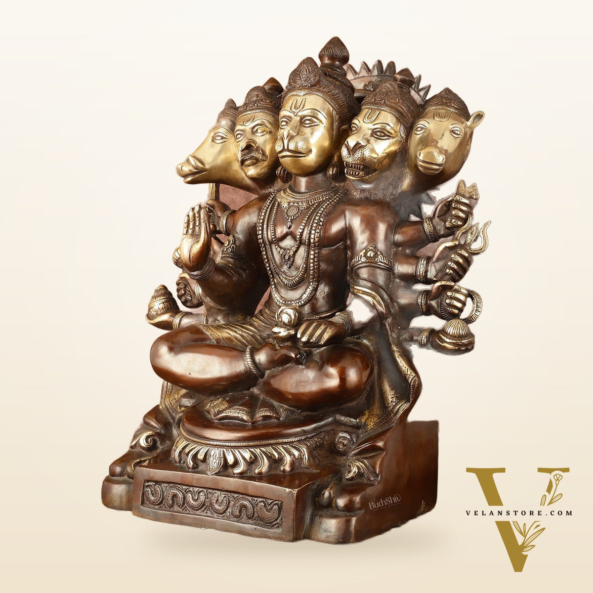 Superfine Handcrafted Brass Panchmukhi Hanuman Idol - Dual Tone Copper Gold - 17"