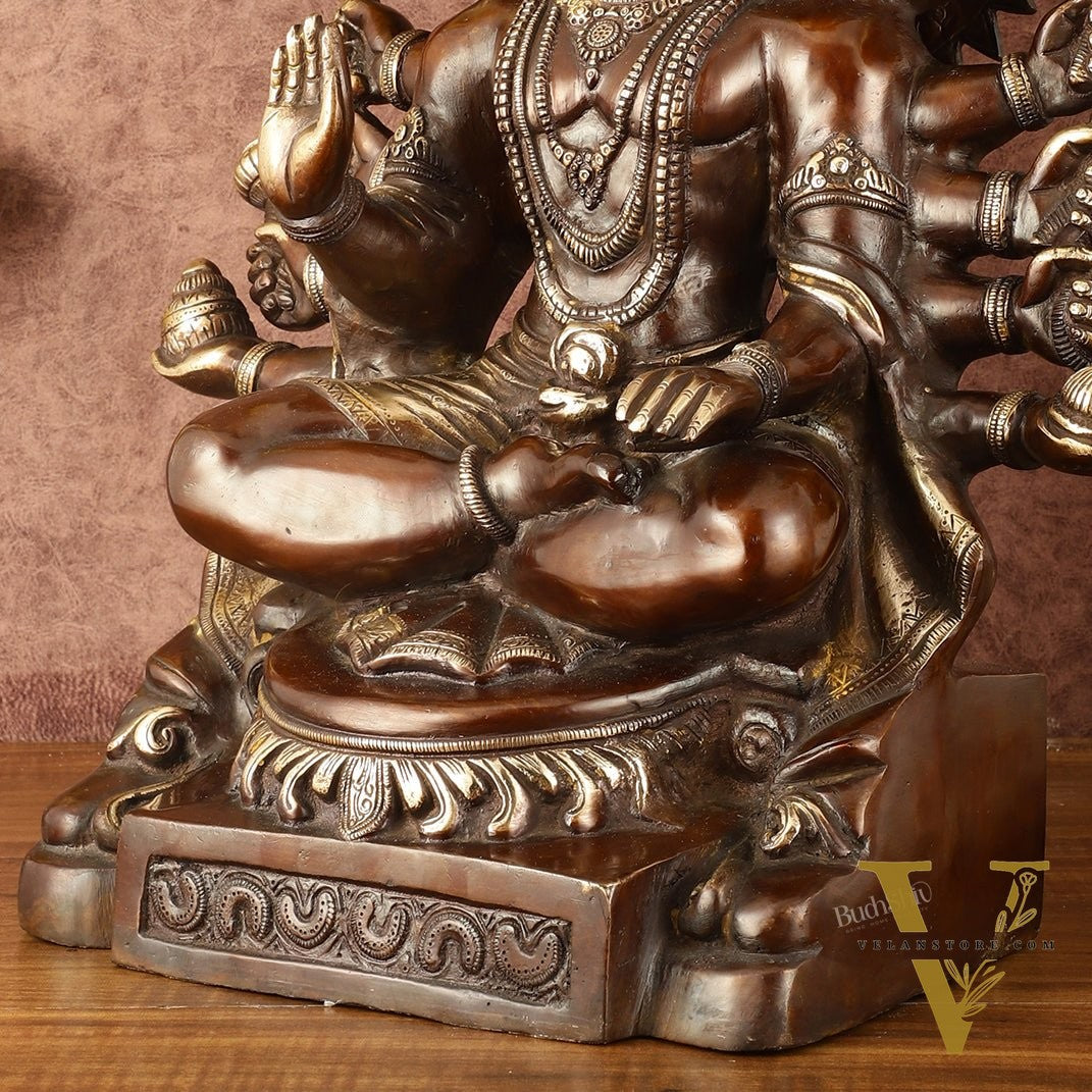 Superfine Handcrafted Brass Panchmukhi Hanuman Idol - Dual Tone Copper Gold - 17"