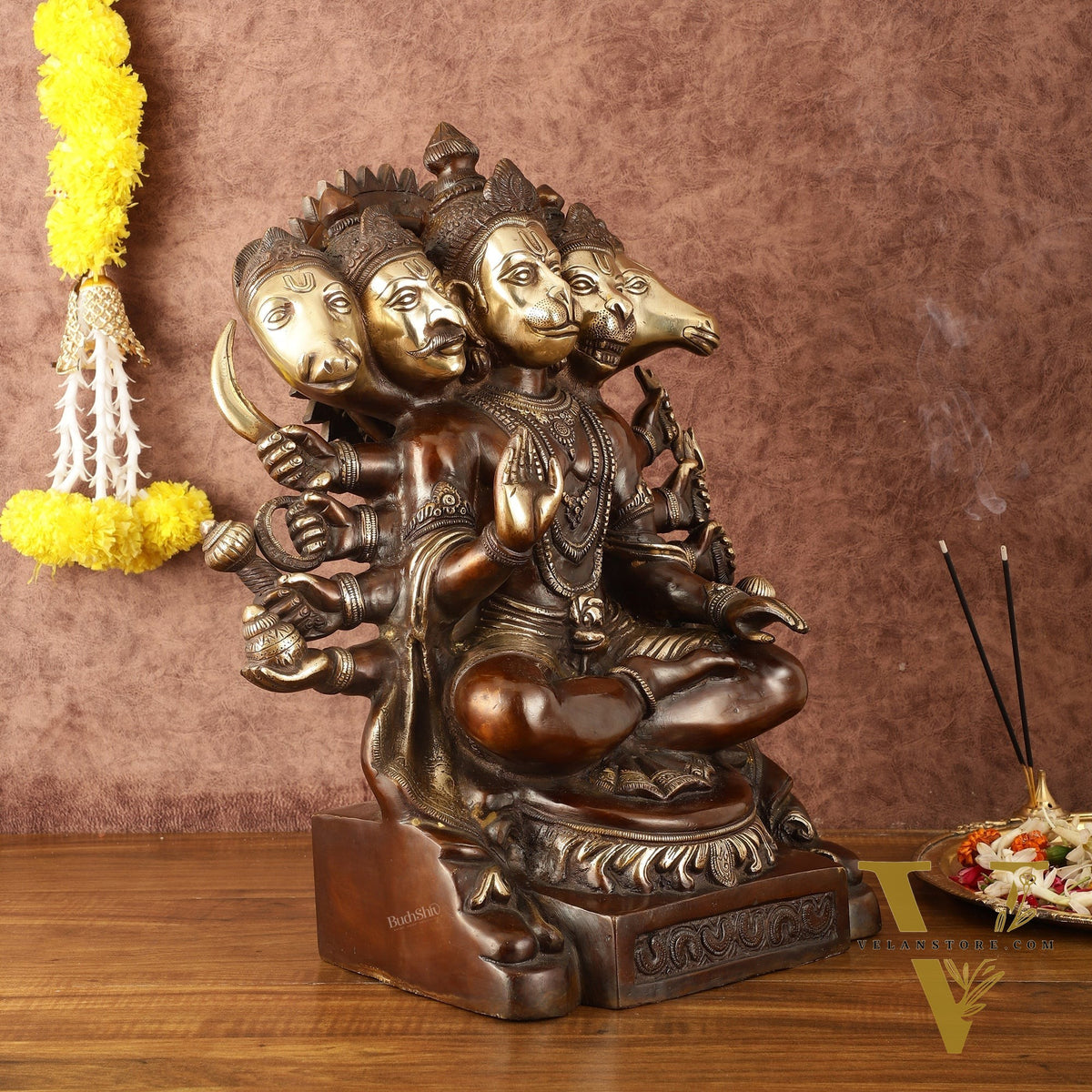 Superfine Handcrafted Brass Panchmukhi Hanuman Idol - Dual Tone Copper Gold - 17"