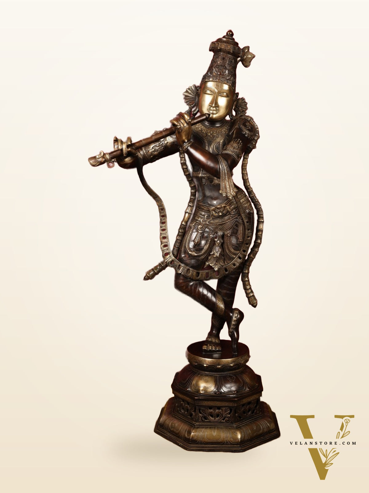 Superfine Handcrafted Krishna Sculpture | 45 Inch Tall | Premium Brown Gold Finish | 44 KG