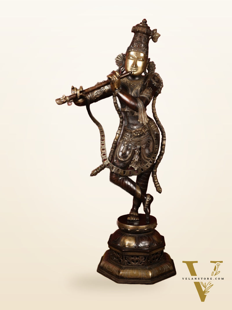 Superfine Handcrafted Krishna Sculpture | 45 Inch Tall | Premium Brown Gold Finish | 44 KG